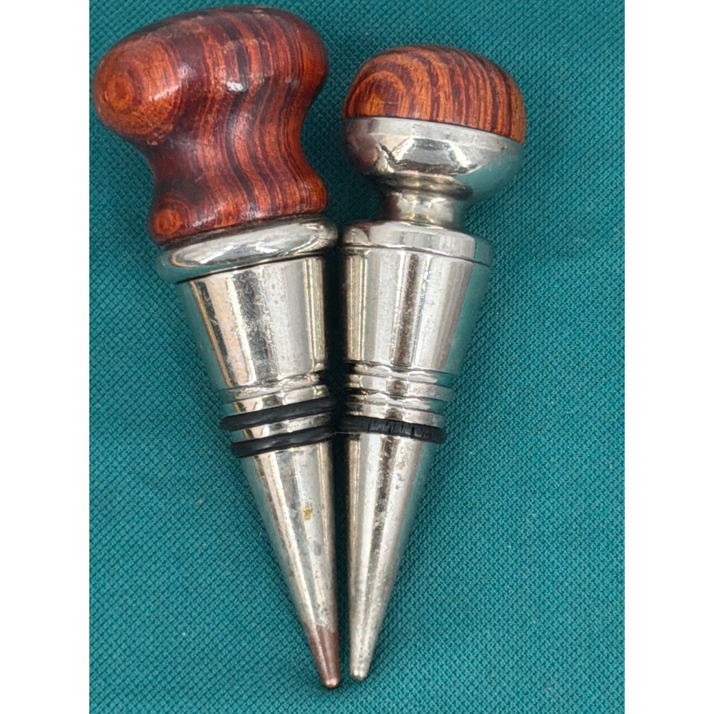 Vintage Wood and Chrome Wine Bottle Stoppers Set of 2 Tapered Metal Barware